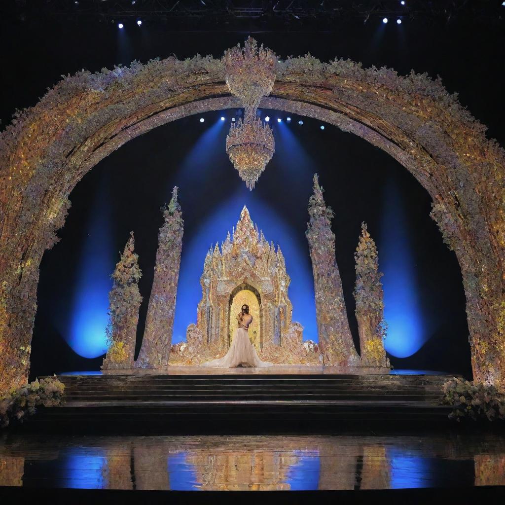 A grand stage design primed for the Miss Philippines pageant. Envision a remarkable fusion of lights and decor embodying the vibrancy and energy of the competition set against a backdrop showcasing Filipino culture and beauty.