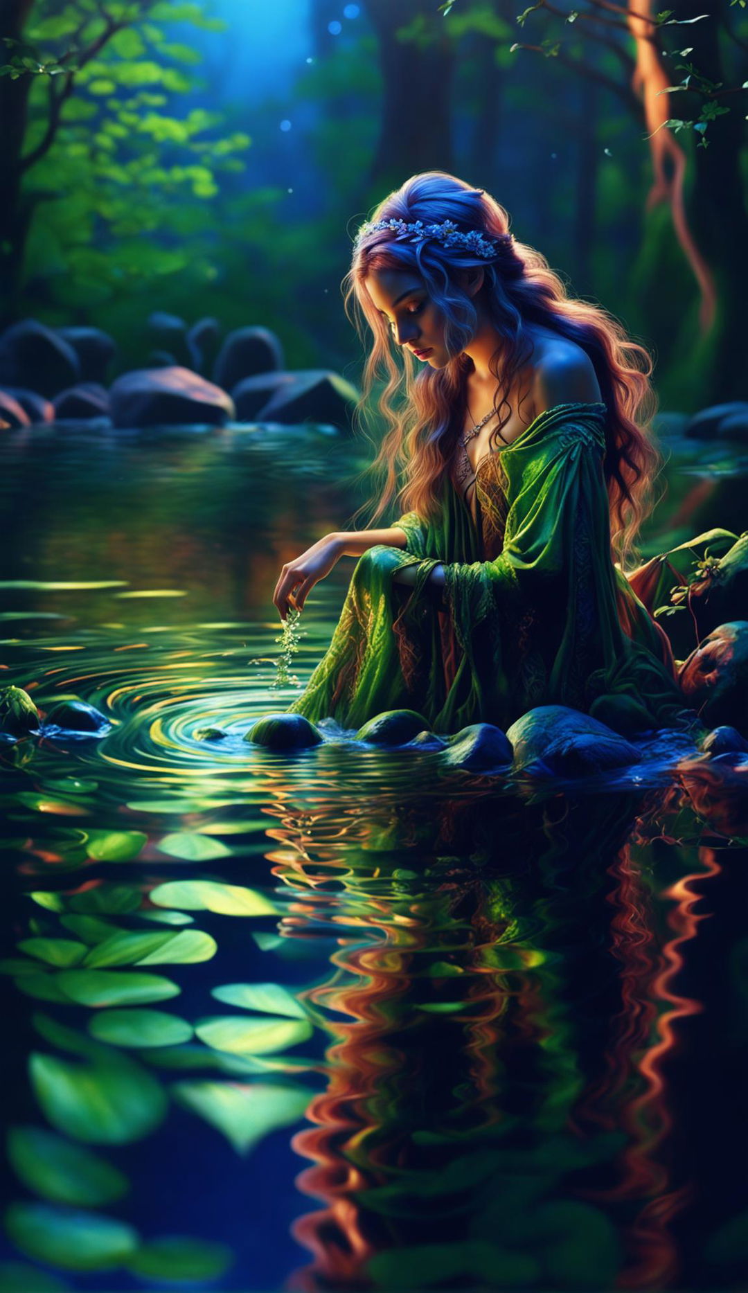 A hyper-realistic 4K image of a wood nymph cautiously dipping her toes into a tranquil lake under cinematic lighting, rendered with Redshift and reminiscent of Mark Molnar's mystical art style.