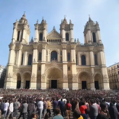 The crowd gathered in front of the huge cathedral, marveling at its grandeur.