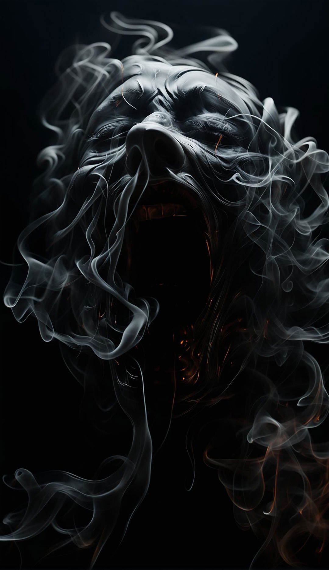 A hyper-realistic 4K image of dark, dense smoke, artistically forming a vague impression of a screaming face, rendered with Redshift for photorealism. The fine art digital photography captures the moody contrast between the smoke and the dark background in high dynamic range (HDR), creating a mystical atmosphere.