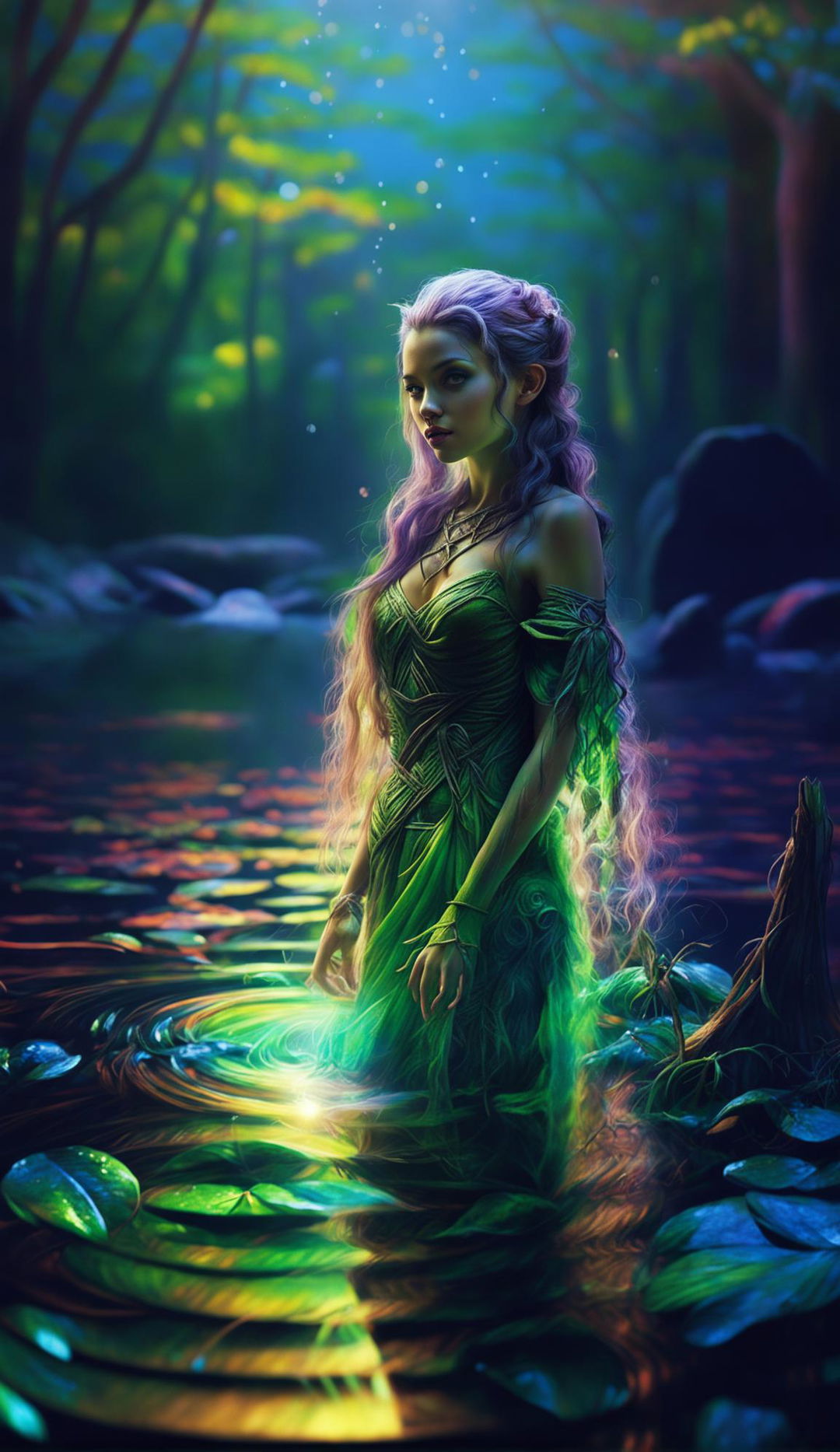 A hyper-realistic 4K image of a wood nymph stepping onto the far side of a tranquil lake under cinematic lighting, rendered with Redshift and reminiscent of Mark Molnar's mystical art style.