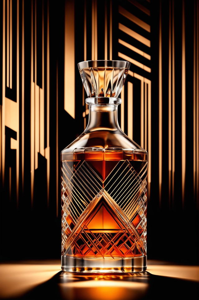 An Art Deco style digital art wallpaper featuring a beautiful decanter filled with amber-colored whiskey