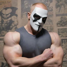 A mature, muscular European male with pale skin wearing a zardonic mask, set against a backdrop of 2000s era industrial military comic book style art. He's flexing his muscles and receiving a healing touch from a youthful, lean, androgynous figure.