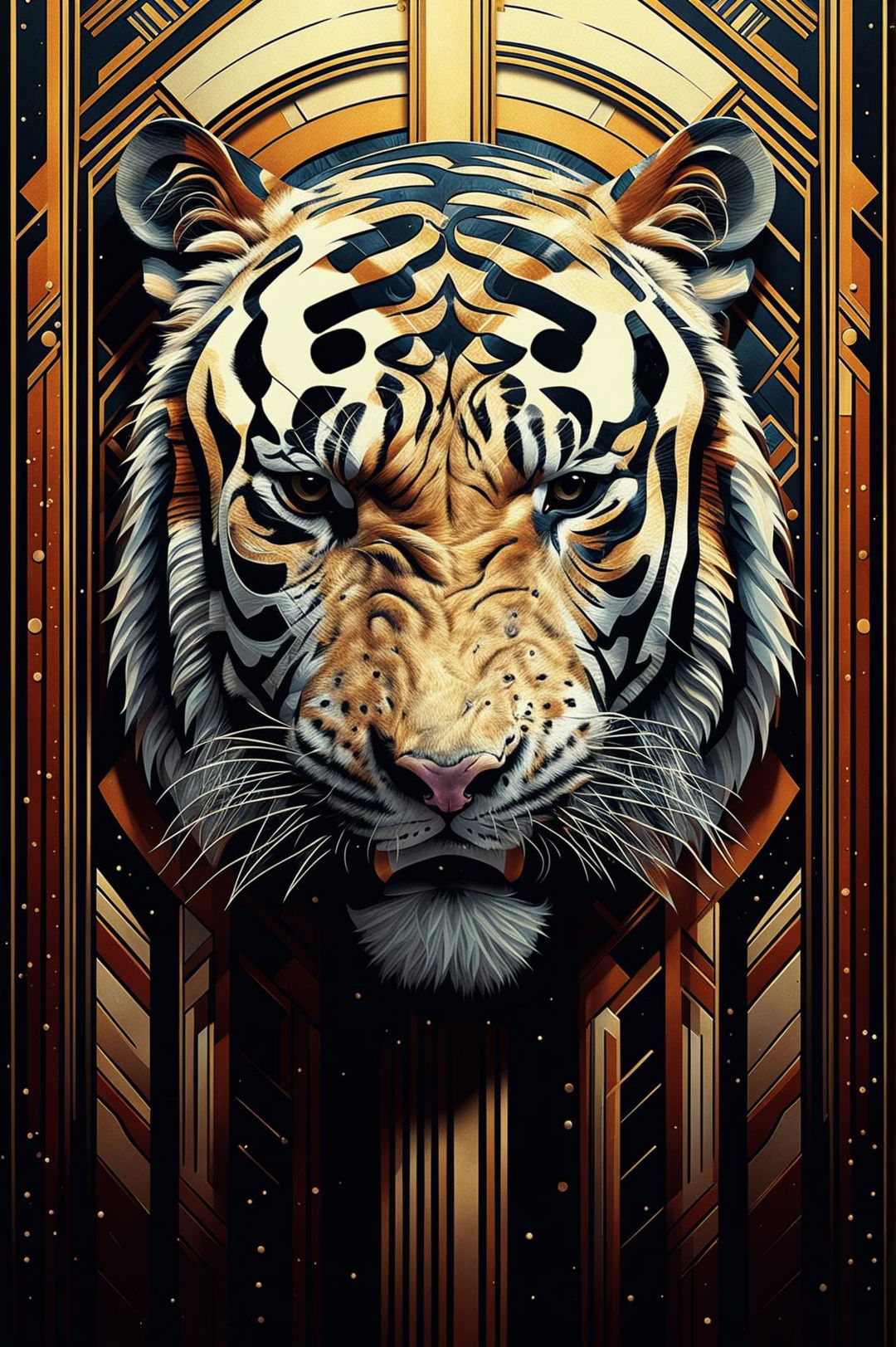 An Art Deco style digital art wallpaper featuring the face of a majestic tiger