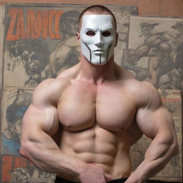 A mature, muscular European male with pale skin wearing a zardonic mask, set against a backdrop of 2000s era industrial military comic book style art. He's flexing his muscles and receiving a healing touch from a youthful, lean, androgynous figure.