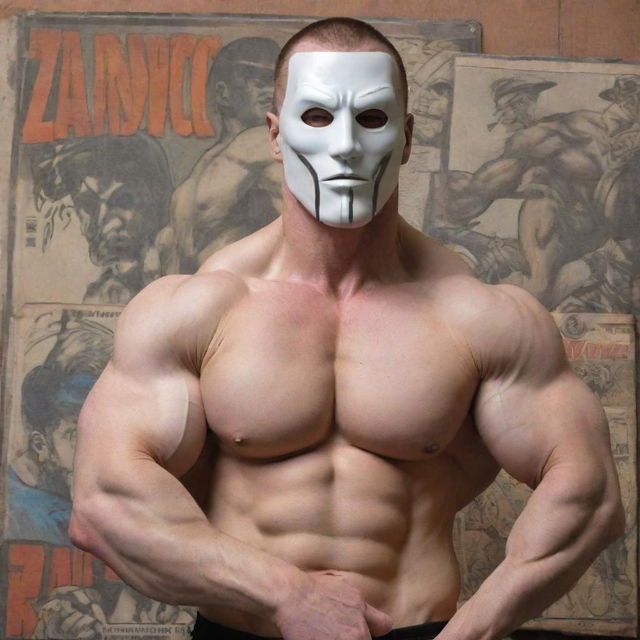 A mature, muscular European male with pale skin wearing a zardonic mask, set against a backdrop of 2000s era industrial military comic book style art. He's flexing his muscles and receiving a healing touch from a youthful, lean, androgynous figure.