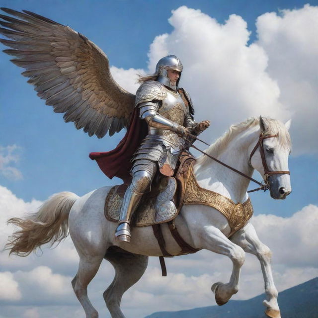 A mighty warrior, poised in full battle armor, seated confidently atop a majestic Pegasus soaring high in the sky.