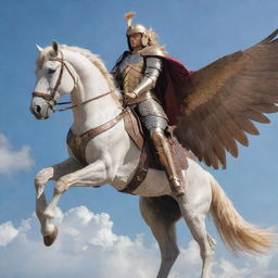 A mighty warrior, poised in full battle armor, seated confidently atop a majestic Pegasus soaring high in the sky.