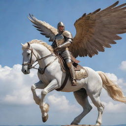 A mighty warrior, poised in full battle armor, seated confidently atop a majestic Pegasus soaring high in the sky.