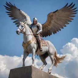 A mighty warrior, poised in full battle armor, seated confidently atop a majestic Pegasus soaring high in the sky.