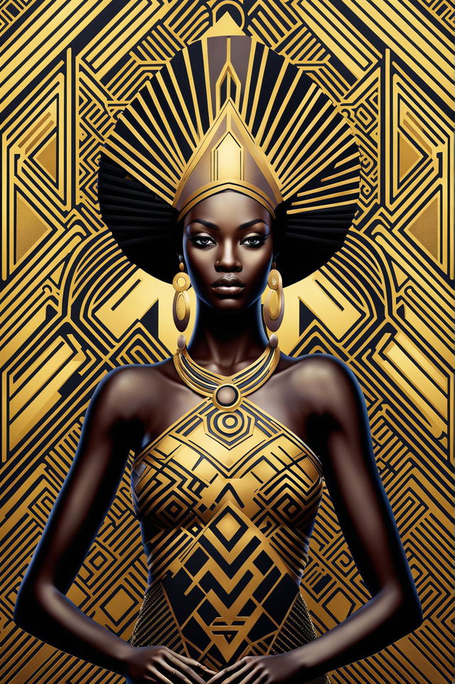 An Art Deco style digital art wallpaper featuring a powerful African goddess in traditional attire