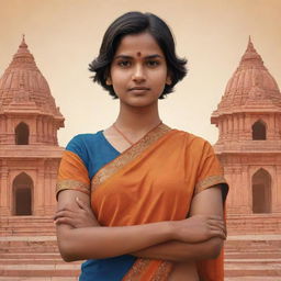 Create a vector art of a youthful Indian woman named 'Tithi' with a short haircut, donning a jersey, standing in front of the Lord Ram Temple in Ayodhya with hands clasped in devotion.