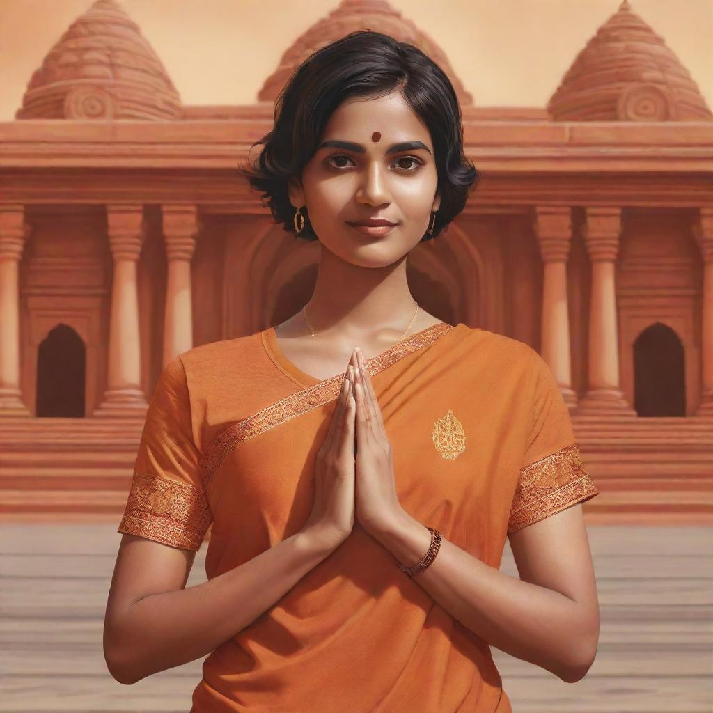 Create a vector art of a youthful Indian woman named 'Tithi' with a short haircut, donning a jersey, standing in front of the Lord Ram Temple in Ayodhya with hands clasped in devotion.