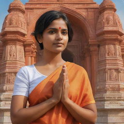 Create a vector art of a youthful Indian woman named 'Tithi' with a short haircut, donning a jersey, standing in front of the Lord Ram Temple in Ayodhya with hands clasped in devotion.