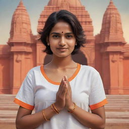 Create a vector art of a youthful Indian woman named 'Tithi' with a short haircut, donning a jersey, standing in front of the Lord Ram Temple in Ayodhya with hands clasped in devotion.