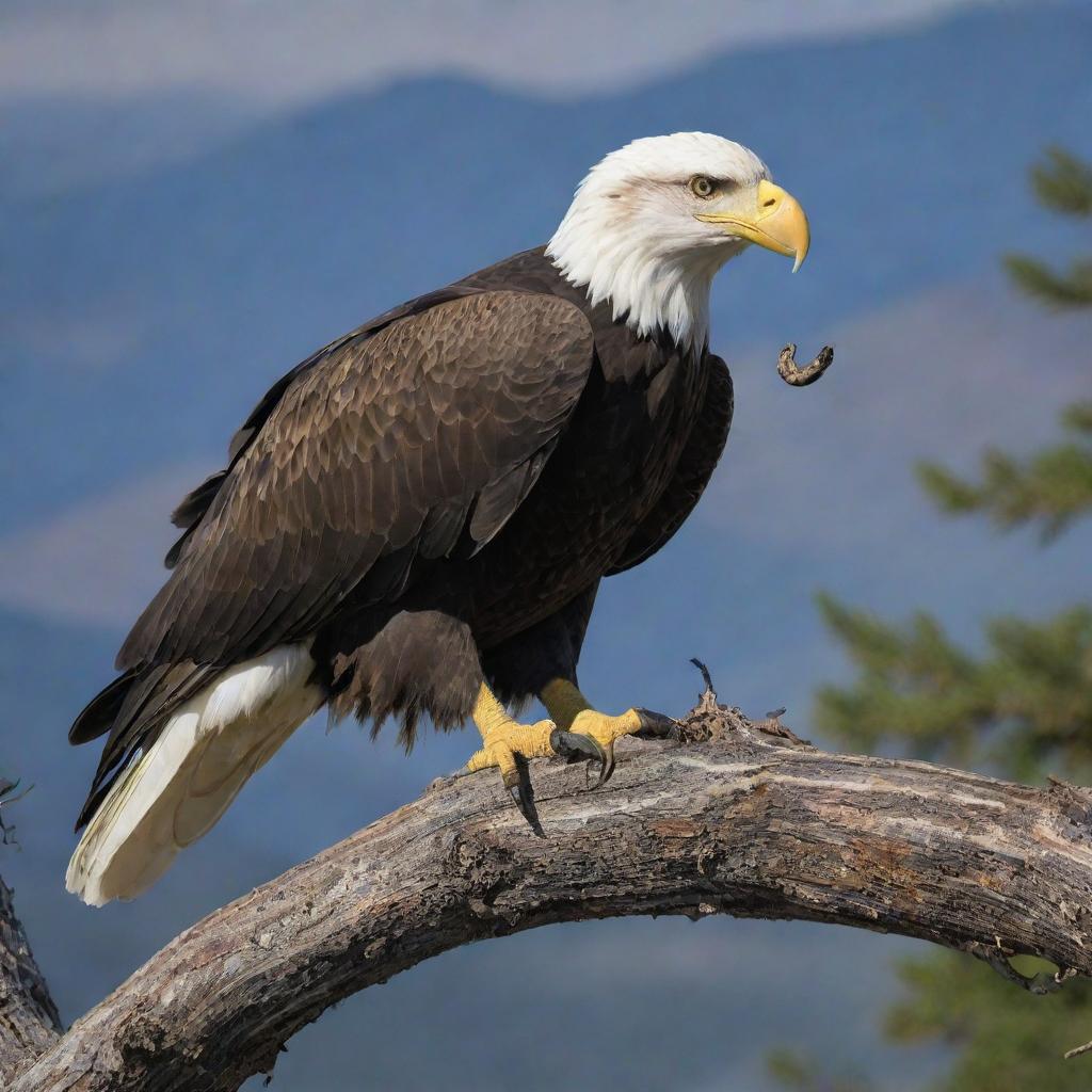 A majestic bald eagle perched on a branch, holding a rattlesnake in its beak, with mountainous landscape in the background