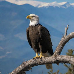 A majestic bald eagle perched on a branch, holding a rattlesnake in its beak, with mountainous landscape in the background