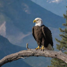 A majestic bald eagle perched on a branch, holding a rattlesnake in its beak, with mountainous landscape in the background