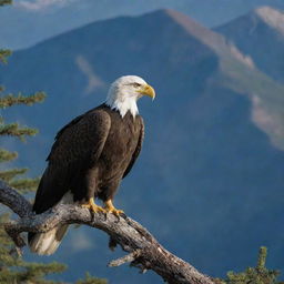 A majestic bald eagle perched on a branch, holding a rattlesnake in its beak, with mountainous landscape in the background