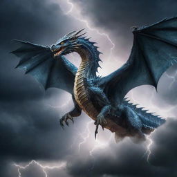 A majestic dragon soaring through a stormy sky with lightning crackling around it