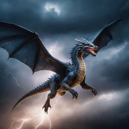 A majestic dragon soaring through a stormy sky with lightning crackling around it