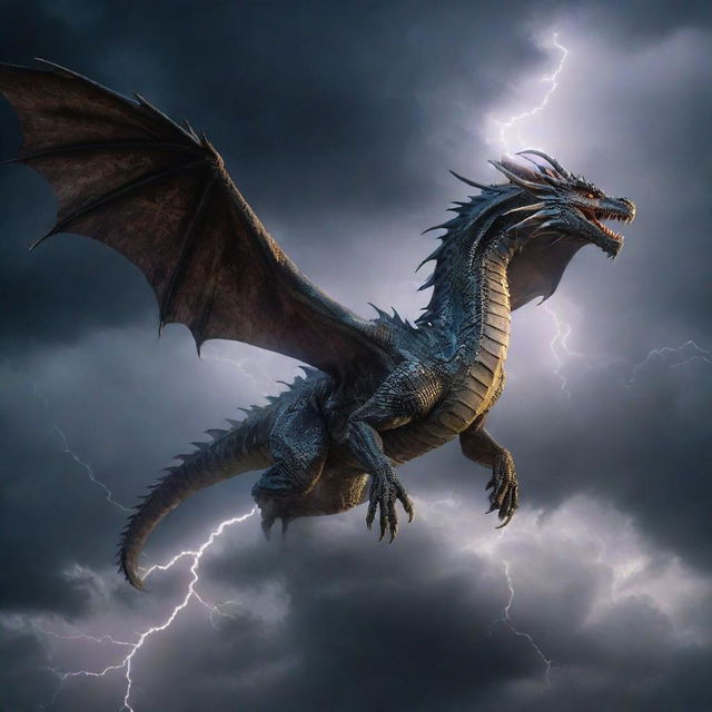 A majestic dragon soaring through a stormy sky with lightning crackling around it