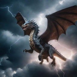 A majestic dragon soaring through a stormy sky with lightning crackling around it