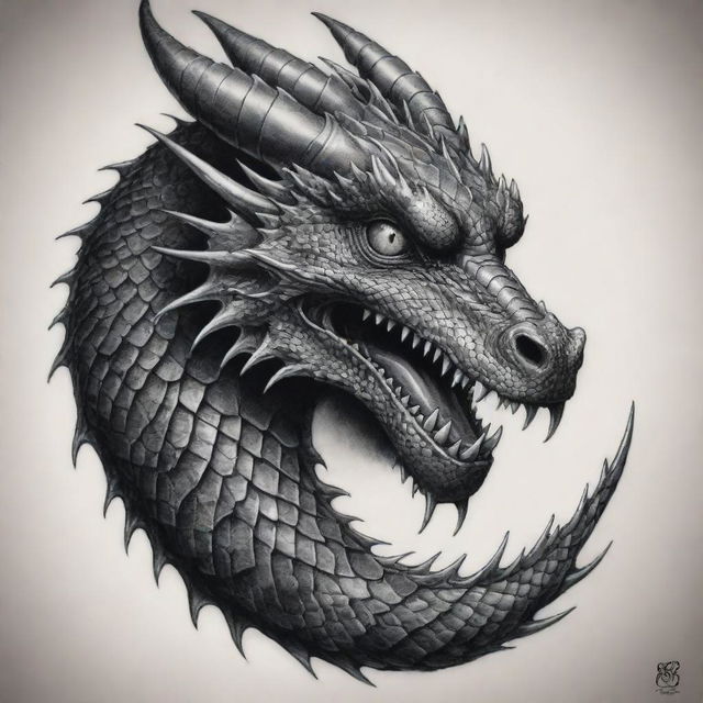 A detailed and striking dragon tattoo design with intricate scales, sharp talons, and fierce eyes