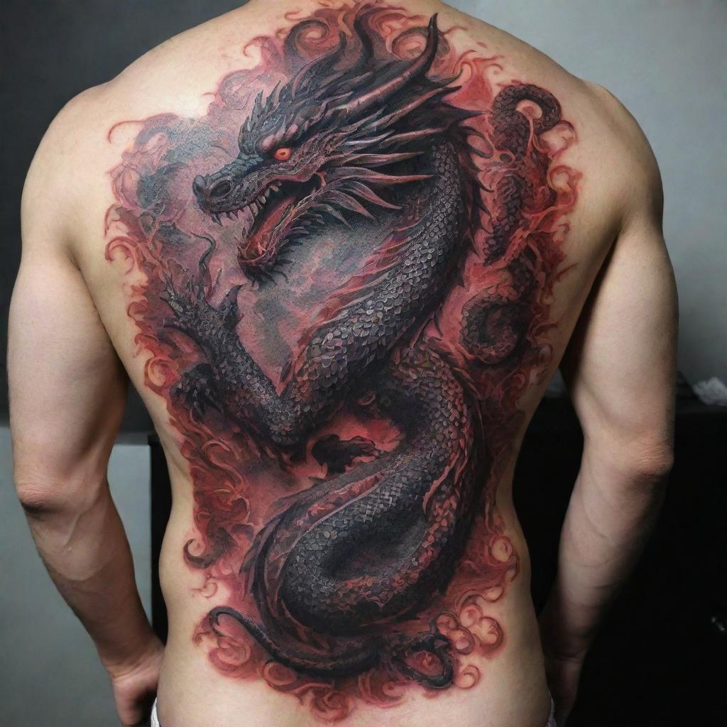 An intricate full body dragon tattoo in deep black and vivid red tones