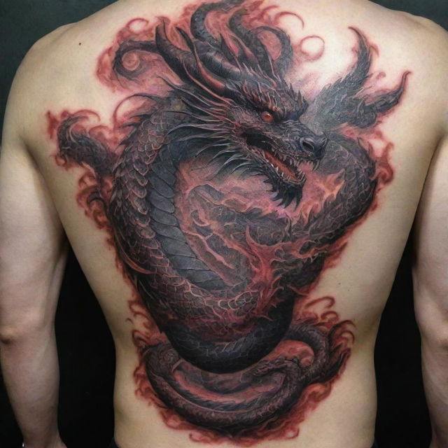 An intricate full body dragon tattoo in deep black and vivid red tones