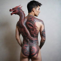 An intricate full body dragon tattoo in deep black and vivid red tones