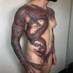 An intricate full body dragon tattoo in deep black and vivid red tones