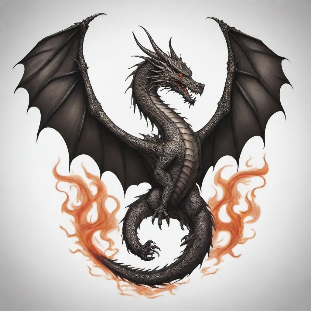 A fully designed dragon tattoo template, intricate with scales, claws, and flames.