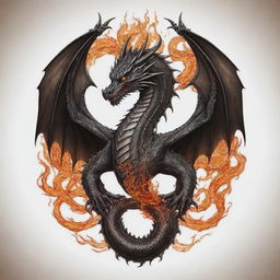 A fully designed dragon tattoo template, intricate with scales, claws, and flames.