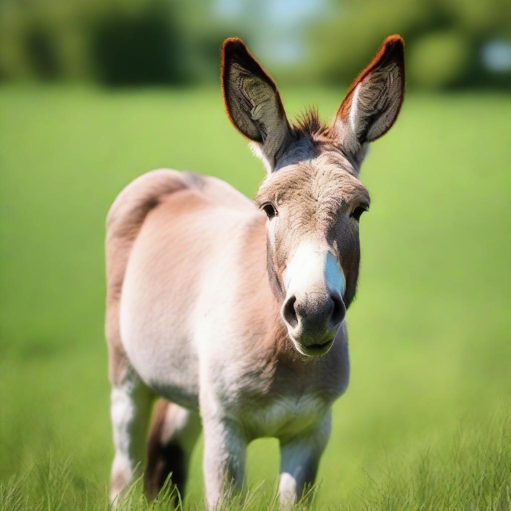 An image of a donkey, also known as an ass, standing in a lush, green field