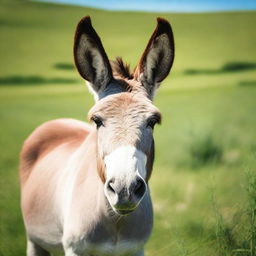 An image of a donkey, also known as an ass, standing in a lush, green field