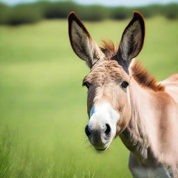 An image of a donkey, also known as an ass, standing in a lush, green field