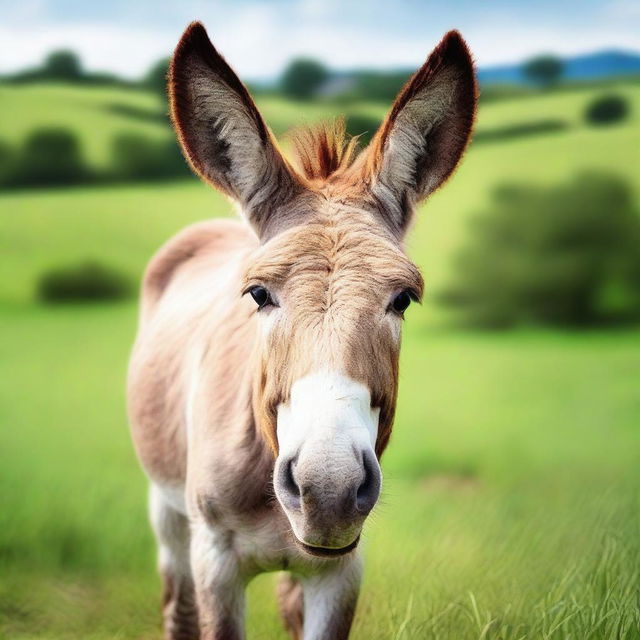 An image of a donkey, also known as an ass, standing in a lush, green field