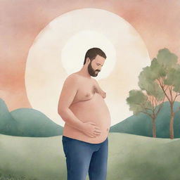 An illustration of an unusual sight: a man appearing to be pregnant, with a large belly, lovingly holding his stomach in a peaceful setting. Ensure this image gives off a light, playful vibe.