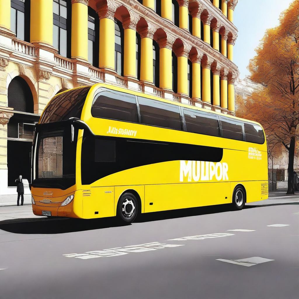 A high-quality digital art image of a flamboyant bus, painted in vibrant yellow and white