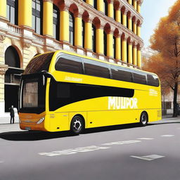 A high-quality digital art image of a flamboyant bus, painted in vibrant yellow and white