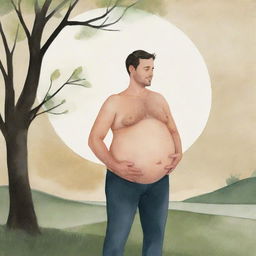 An illustration of an unusual sight: a man appearing to be pregnant, with a large belly, lovingly holding his stomach in a peaceful setting. Ensure this image gives off a light, playful vibe.