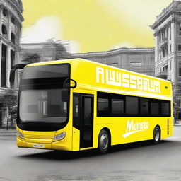 A high-quality digital art image of a flamboyant bus, painted in vibrant yellow and white