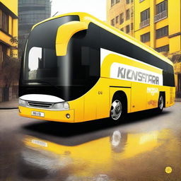 A high-quality digital art image of a flamboyant bus, painted in vibrant yellow and white