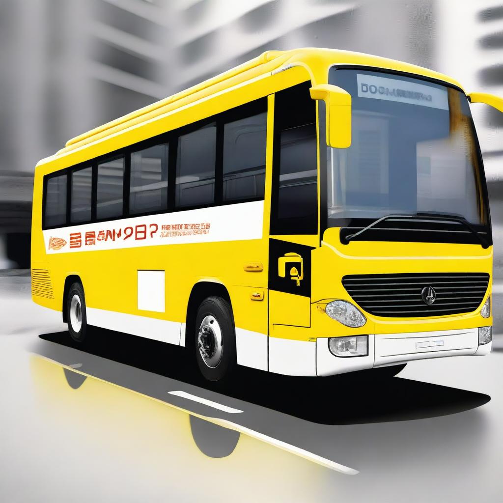 A high-quality digital art image of a flamboyant bus, painted in vibrant yellow and white