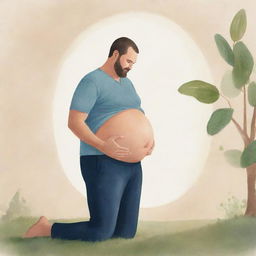 An illustration of an unusual sight: a man appearing to be pregnant, with a large belly, lovingly holding his stomach in a peaceful setting. Ensure this image gives off a light, playful vibe.