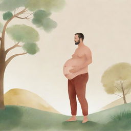 An illustration of an unusual sight: a man appearing to be pregnant, with a large belly, lovingly holding his stomach in a peaceful setting. Ensure this image gives off a light, playful vibe.