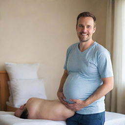 Modify the previous image to show the pregnant man in the final stages of pregnancy. He should look overjoyed yet apprehensive, potentially in a hospital room or home setting, preparing to give birth.