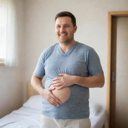 Modify the previous image to show the pregnant man in the final stages of pregnancy. He should look overjoyed yet apprehensive, potentially in a hospital room or home setting, preparing to give birth.