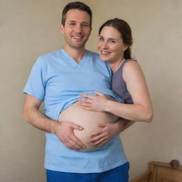 Modify the previous image to show the pregnant man in the final stages of pregnancy. He should look overjoyed yet apprehensive, potentially in a hospital room or home setting, preparing to give birth.